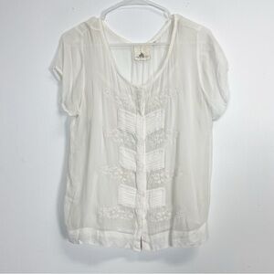 One Fine Day Blouse Womens Size Small White Sheer Embroidered Button Front
